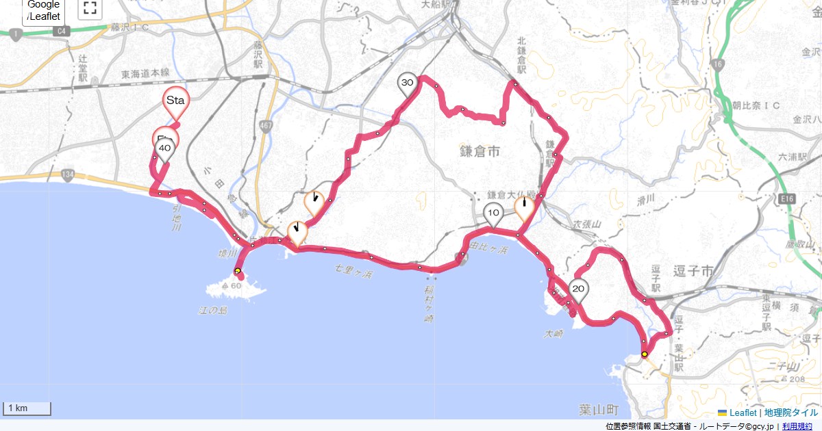逗子本鵠沼,藤沢市鵠沼海岸,サイクリング,地図,記録,自転車