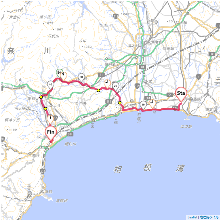 渋沢・松田本鵠沼,万葉の湯,サイクリング,地図,記録,自転車