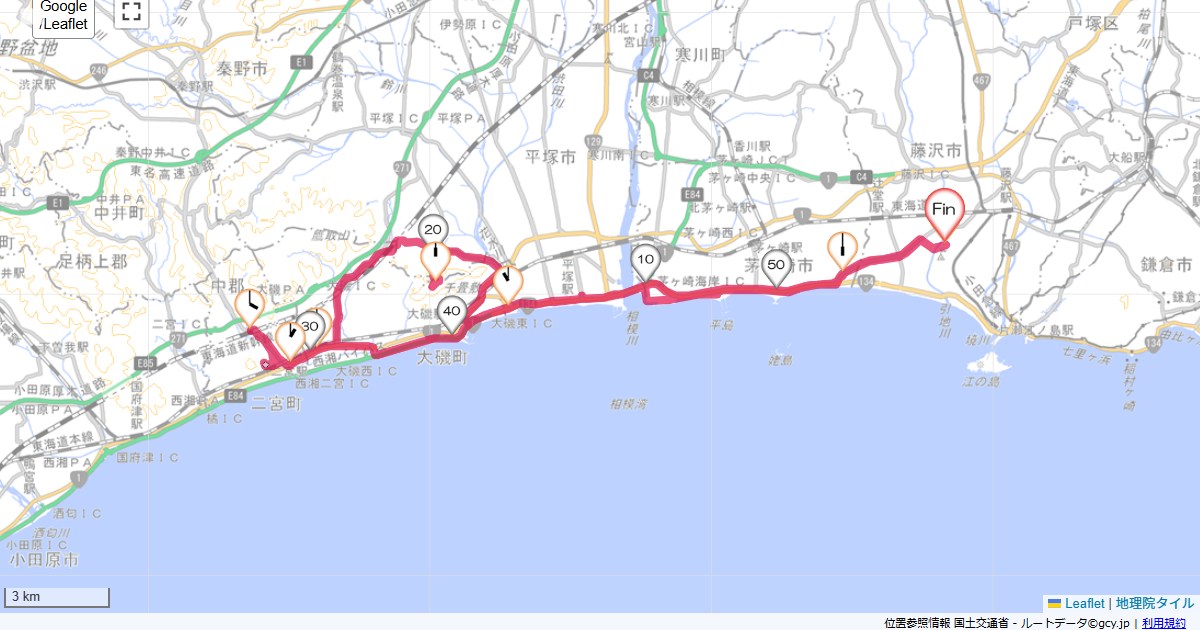 湘南平・二宮本鵠沼,藤沢市鵠沼海岸,サイクリング,地図,記録,自転車