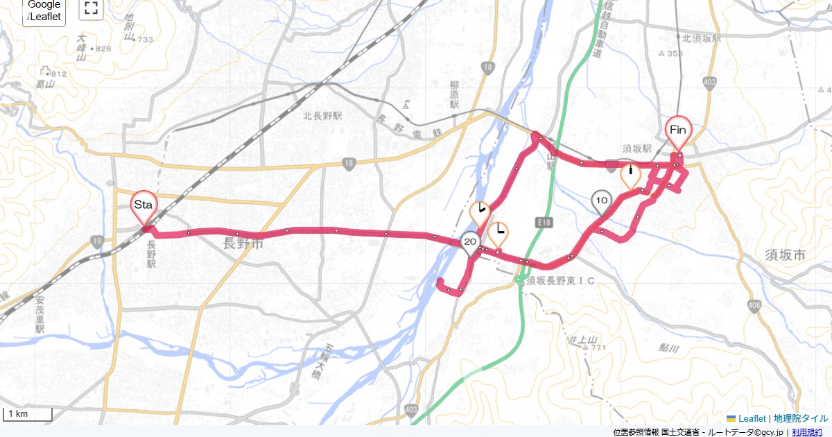 長野から須坂長野市栗田,須坂市末広町,サイクリング,地図,記録,自転車