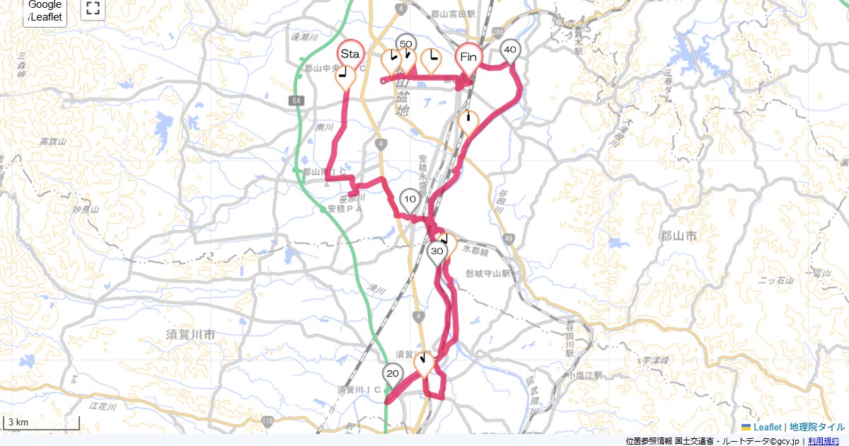 郡山・須賀川(郡山の宿),郡山市燧田,サイクリング,地図,記録,自転車