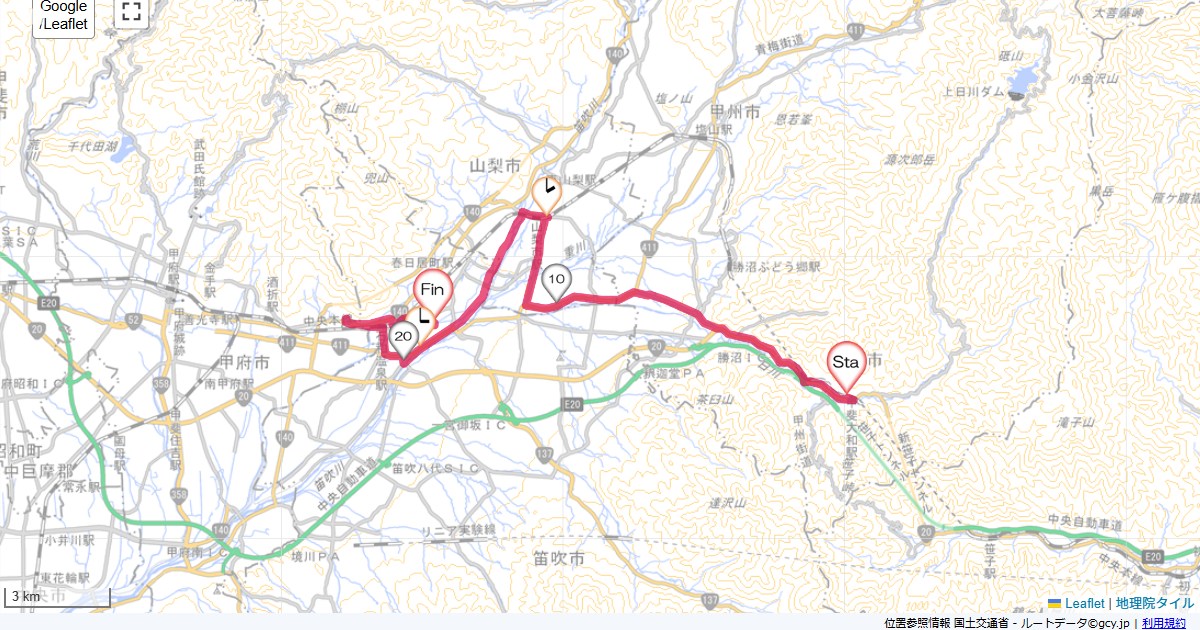 石和温泉甲州市大和町初鹿野,笛吹市石和町川中島,サイクリング,地図,記録,自転車