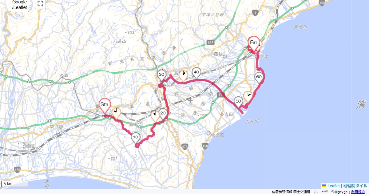 掛川から台地と大井川で焼津へ掛川市南一丁目,焼津市駅北,サイクリング,地図,記録,自転車