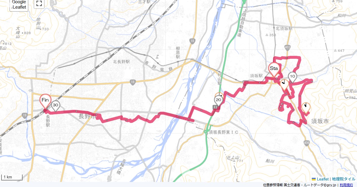 須坂から長野須坂市末広町,長野駅東口,サイクリング,地図,記録,自転車