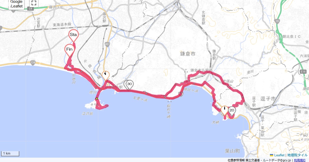 披露山本鵠沼,藤沢市鵠沼海岸,サイクリング,地図,記録,自転車