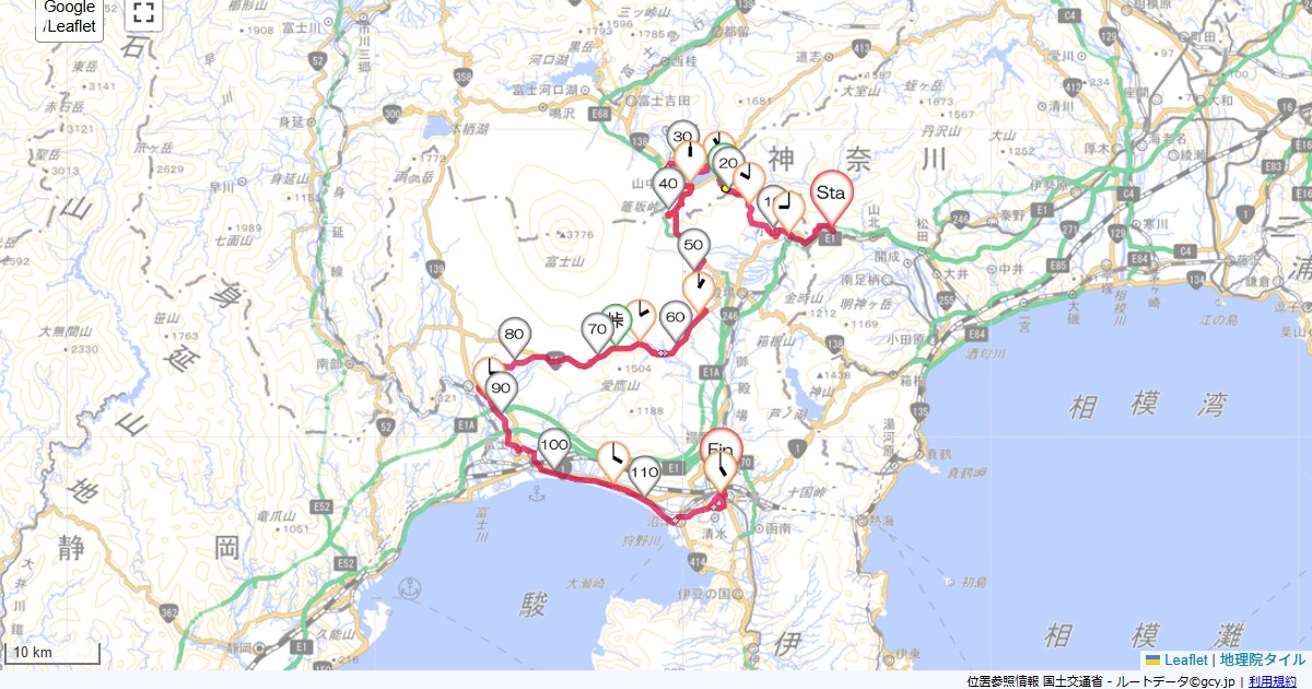 明神峠・三国峠・山中湖・富士裾野山北町谷ケ,三島市一番町,サイクリング,地図,記録,自転車
