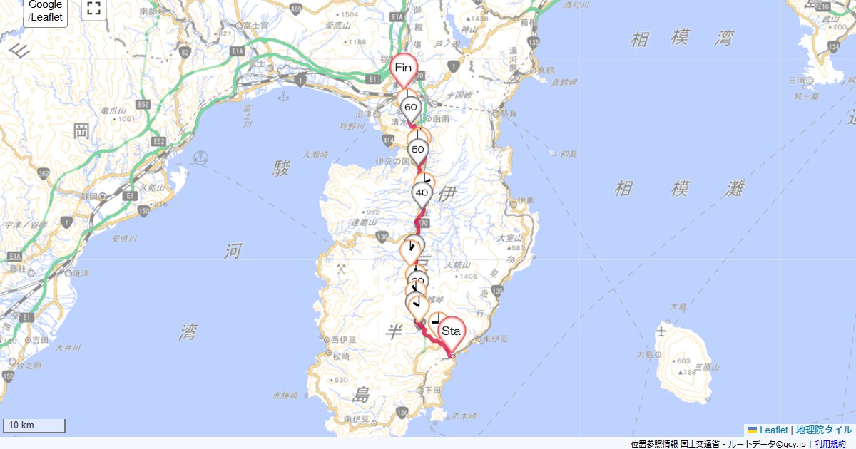 河津から天城峠、修善寺、三島河津町浜,三島市一番町,サイクリング,地図,記録,自転車