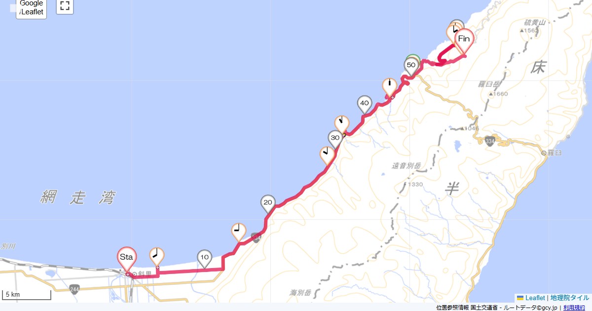 04道東2日目斜里セントラルホテル,岩尾別温泉ホテル地の涯,サイクリング,地図,記録,自転車