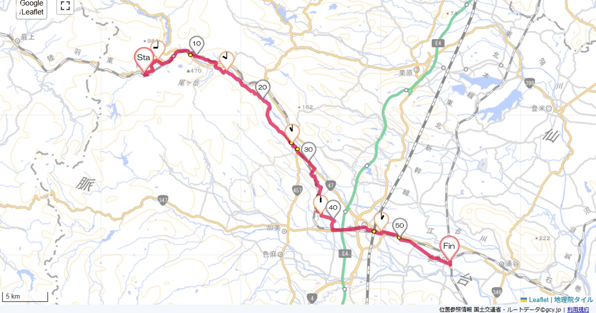 中山平温泉、古川、小牛田大崎市鳴子温泉,美里町素山,サイクリング,地図,記録,自転車