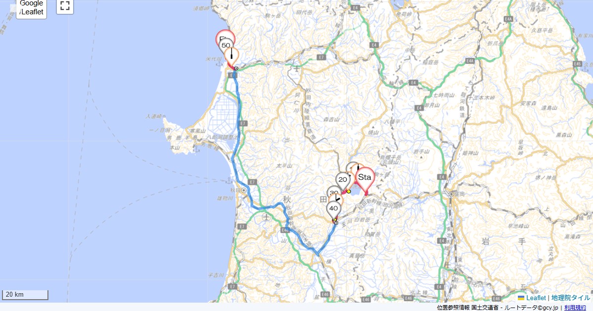 北東北1日目仙北市田沢湖生保内,能代市落合,サイクリング,地図,記録,自転車