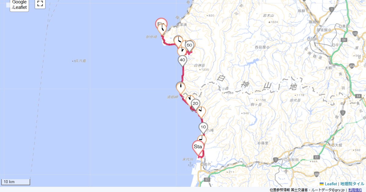 北東北2日目能代市落合,黄金崎不老ふ死温泉,サイクリング,地図,記録,自転車