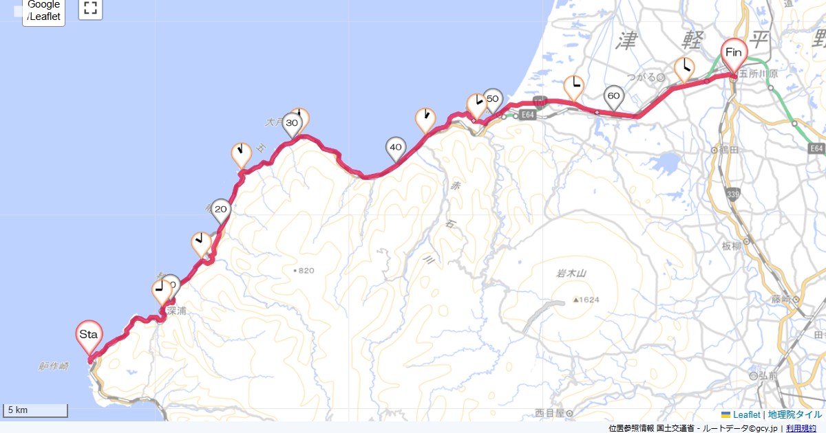 北東北3日目黄金崎不老ふ死温泉,五所川原市大町,サイクリング,地図,記録,自転車