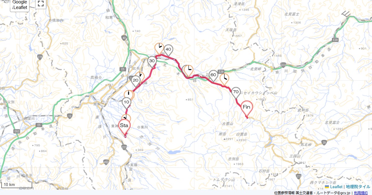旭川－帯広1日目東神楽町東二線,上川町清川,サイクリング,地図,記録,自転車