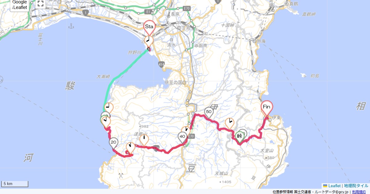 伊豆半島横断沼津市大手町,伊東市竹の内,サイクリング,地図,記録,自転車