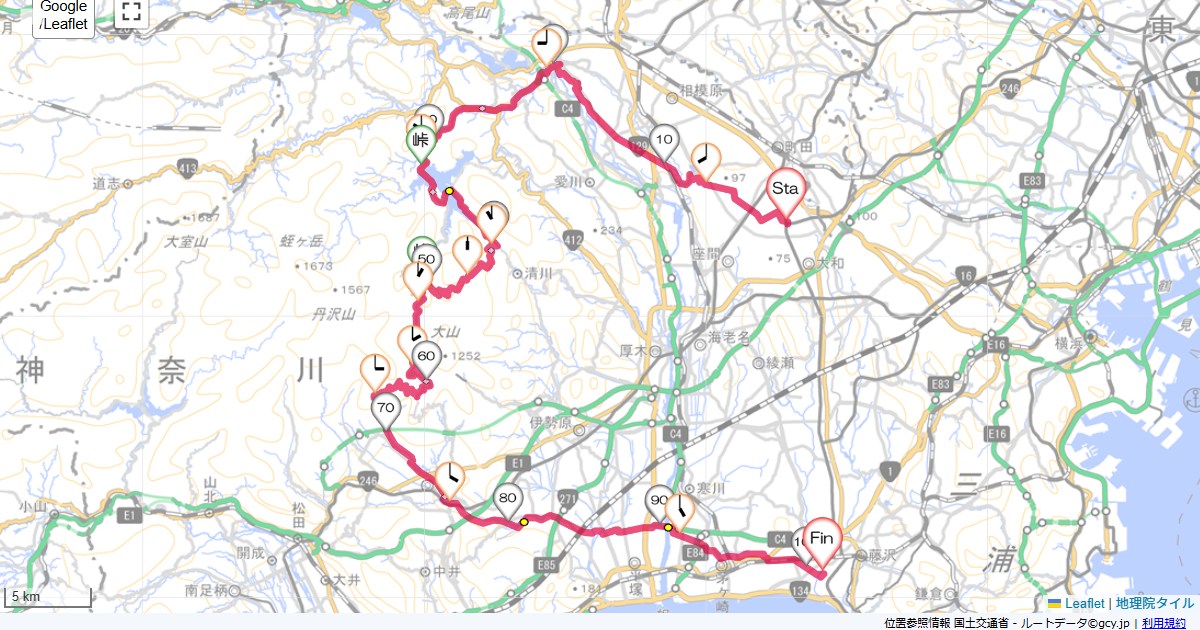 横浜水道みち・唐沢林道・ヤビツ峠大和市中央林間,藤沢市本鵠沼,サイクリング,地図,記録,自転車