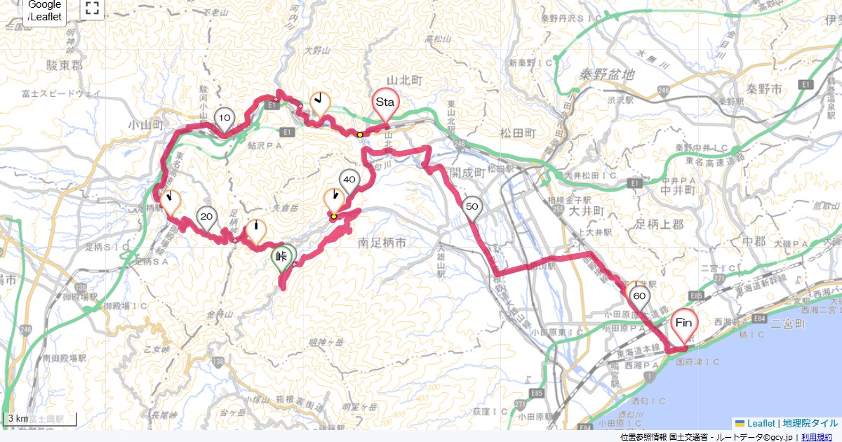 足柄峠・明神林道山北町山北,小田原市国府津,サイクリング,地図,記録,自転車