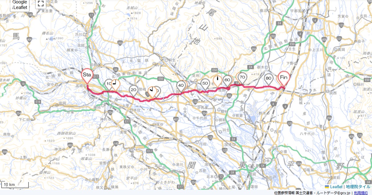 高崎から小山へ例幣使街道高崎市栄町,小山市城山町,サイクリング,地図,記録,自転車
