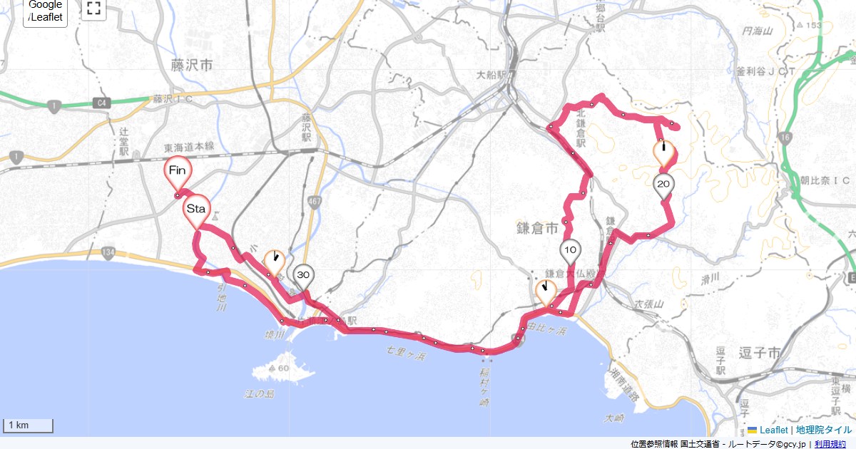 鎌倉・銭洗弁天藤沢市鵠沼海岸,藤沢市辻堂元町,サイクリング,地図,記録,自転車