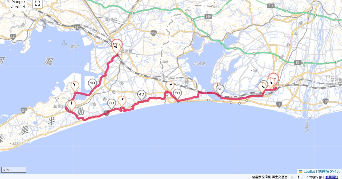 豊橋から渥美半島と旧東海道で浜松豊橋市白河町,浜松市中区東伊場,サイクリング,地図,記録,自転車