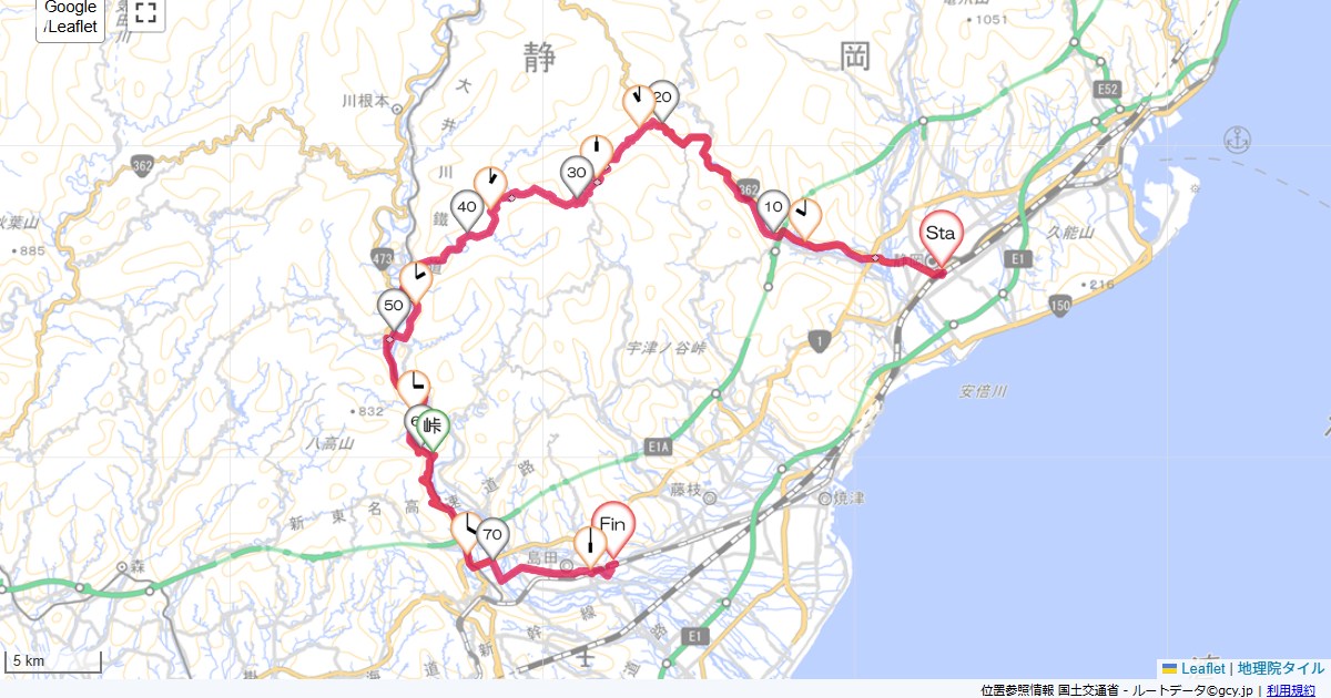 清笹峠・川根町桜まつり静岡駅南口,島田市道悦,サイクリング,地図,記録,自転車