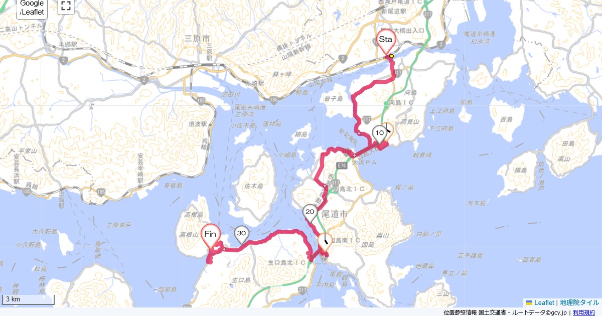 尾道からしまなみ海道で瀬戸田尾道市東御所町,潮音荘,サイクリング,地図,記録,自転車