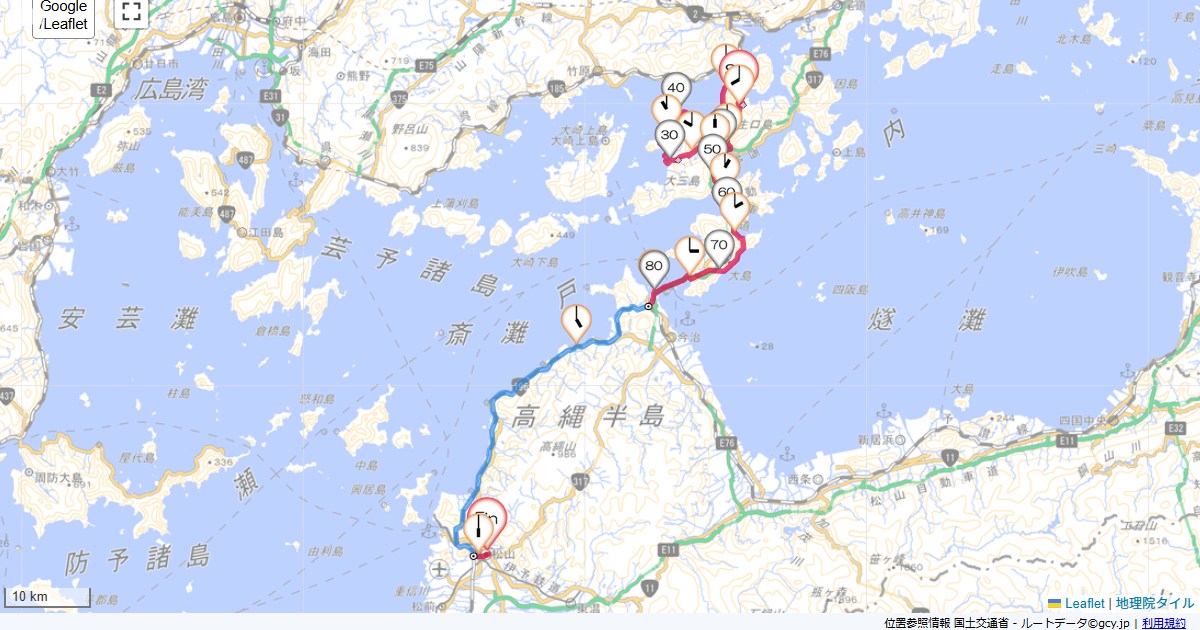 高根島、大三島周回としまなみ海道潮音荘,松山市大街道,サイクリング,地図,記録,自転車