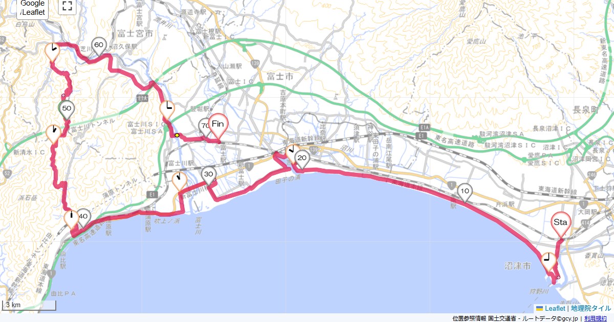 沼津から由比・大晦日・富士沼津駅,富士市本町,サイクリング,地図,記録,自転車