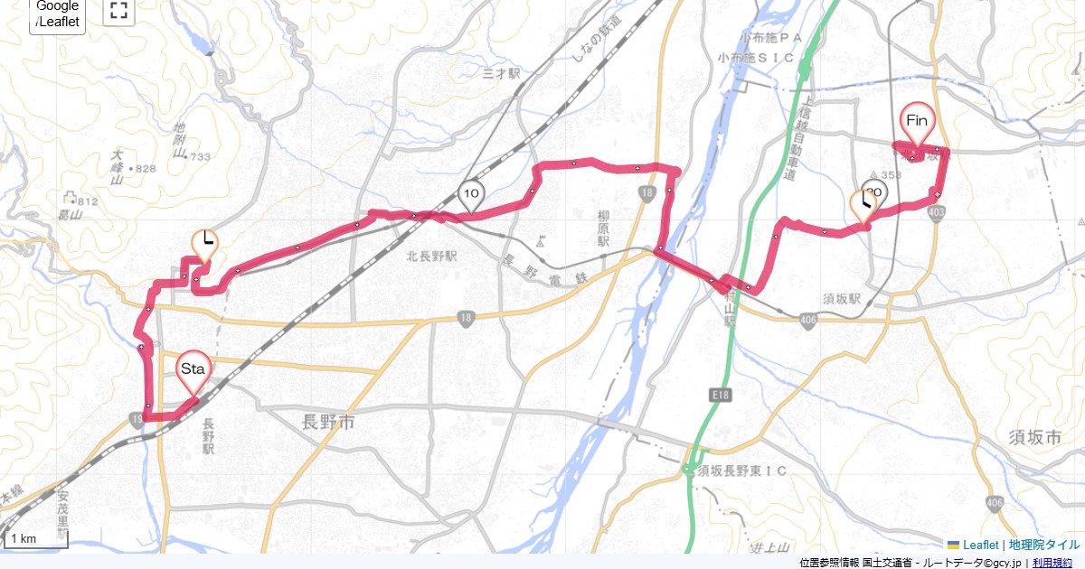 長野から北須坂長野市栗田,須坂市旭ケ丘,サイクリング,地図,記録,自転車