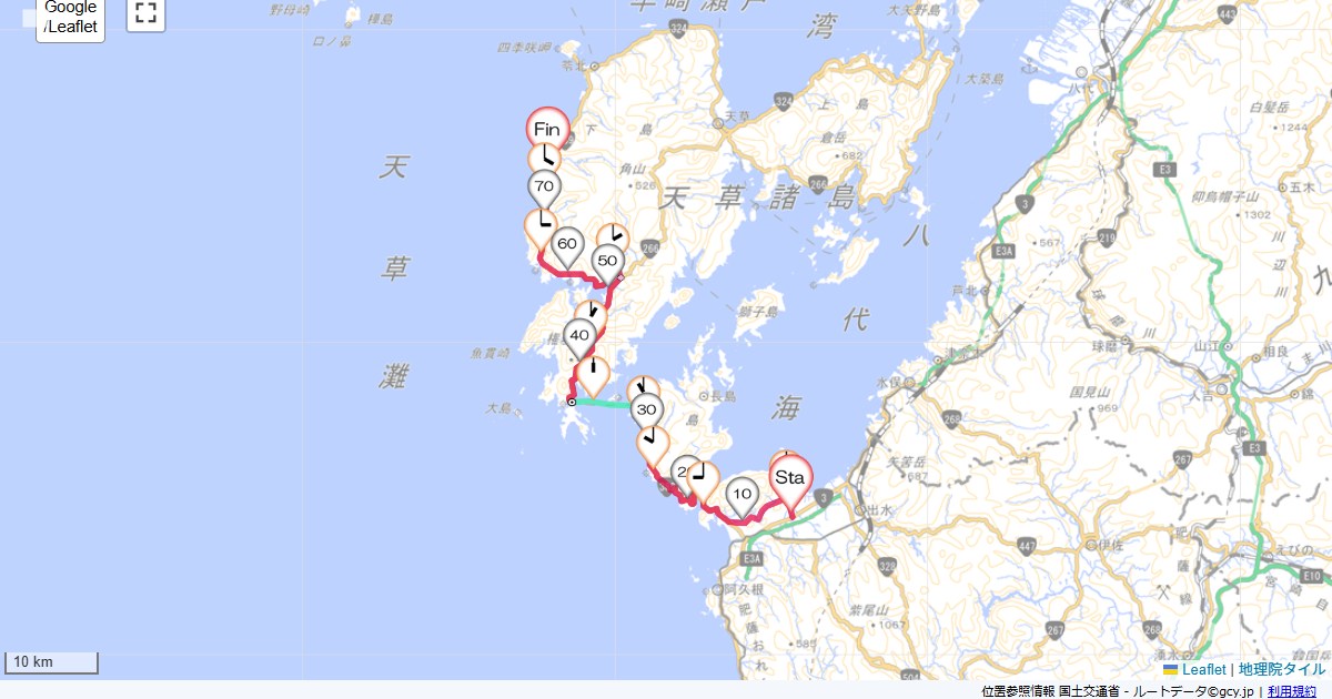 桜島・開聞・天草3日目出水市高尾野町唐笠木,国民宿舎あまくさ荘,サイクリング,地図,記録,自転車