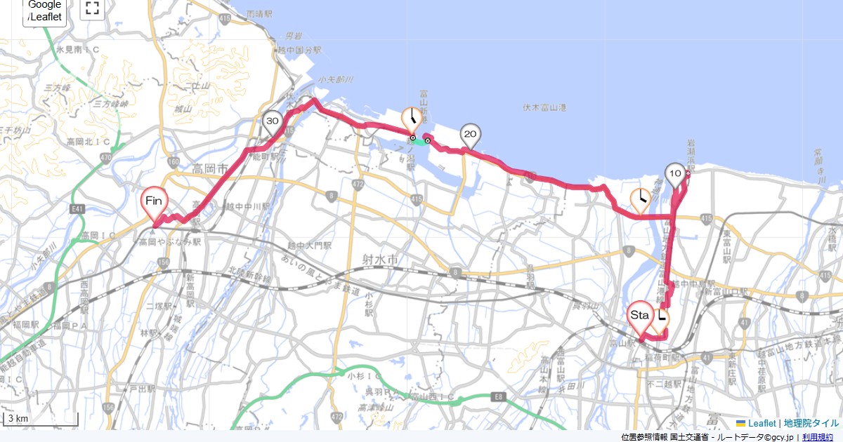 富山から新港県営渡船で高岡富山市牛島町,なかや旅館,サイクリング,地図,記録,自転車