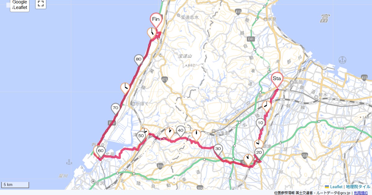 砺波チューリップ・倶利伽羅峠なかや旅館,バーデン千里浜,サイクリング,地図,記録,自転車