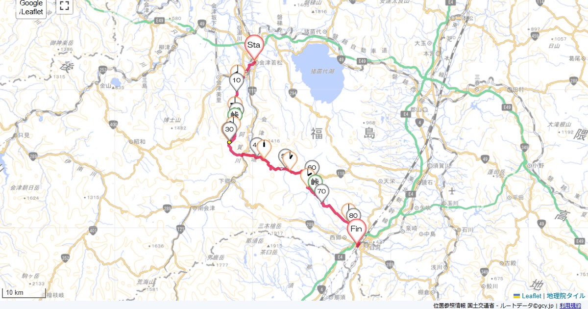 会津若松・大内宿・羽鳥湖で新白河中町フジグランドホテル,西郷村道南西,サイクリング,地図,記録,自転車