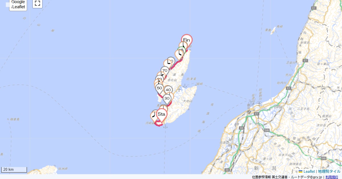 佐渡新潟2日目おぎの湯,佐渡フィッシャーズホテル,サイクリング,地図,記録,自転車