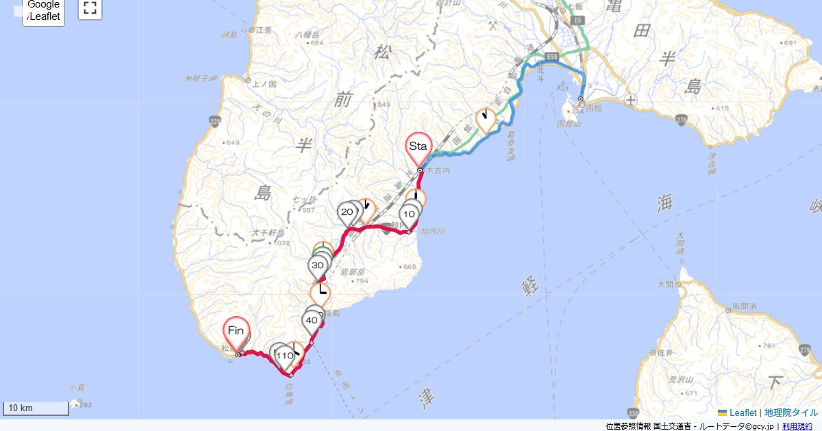07道南1日目木古内町本町,よこはま荘,サイクリング,地図,記録,自転車