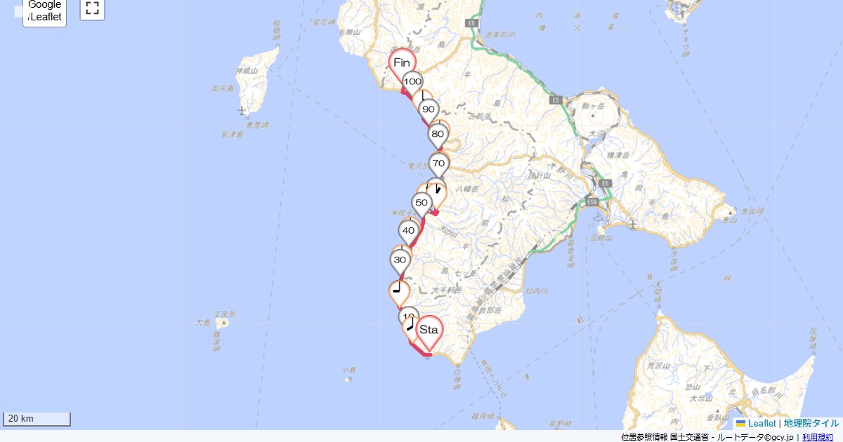 07道南2日目よこはま荘,国民宿舎ひらたない荘,サイクリング,地図,記録,自転車