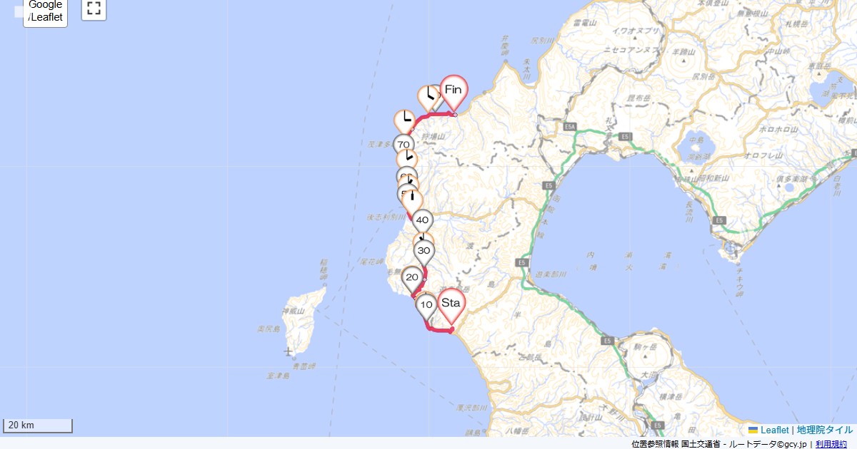 07道南3日目国民宿舎ひらたない荘,島牧ユース,サイクリング,地図,記録,自転車