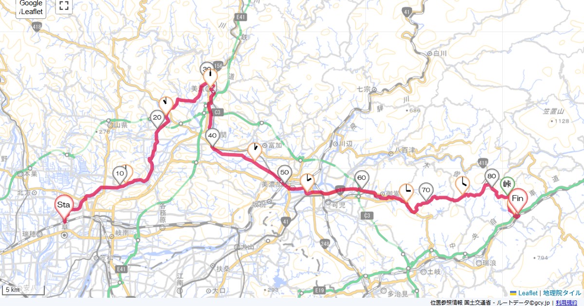 岐阜・美濃・旧中山道岐阜市市橋,瑞浪市釜戸町,サイクリング,地図,記録,自転車