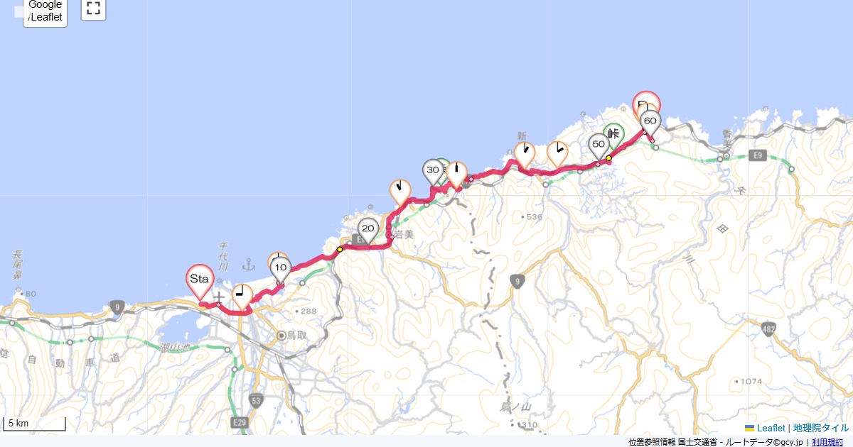 08山陰1日目鳥取空港,民宿旅館川戸屋,サイクリング,地図,記録,自転車