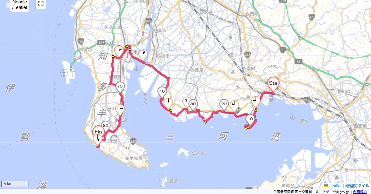 知多半島1日目蒲郡駅,民宿魚虎,サイクリング,地図,記録,自転車