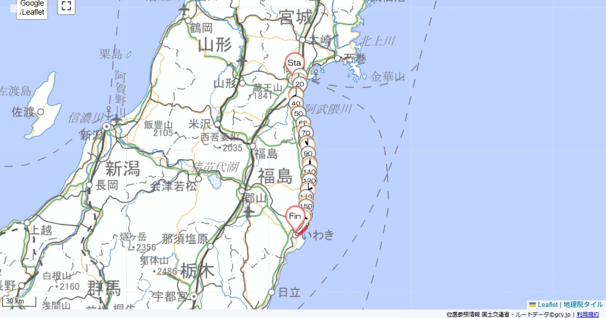 仙台～いわき東横イン仙台東口1号館,いわき駅,サイクリング,地図,記録,自転車