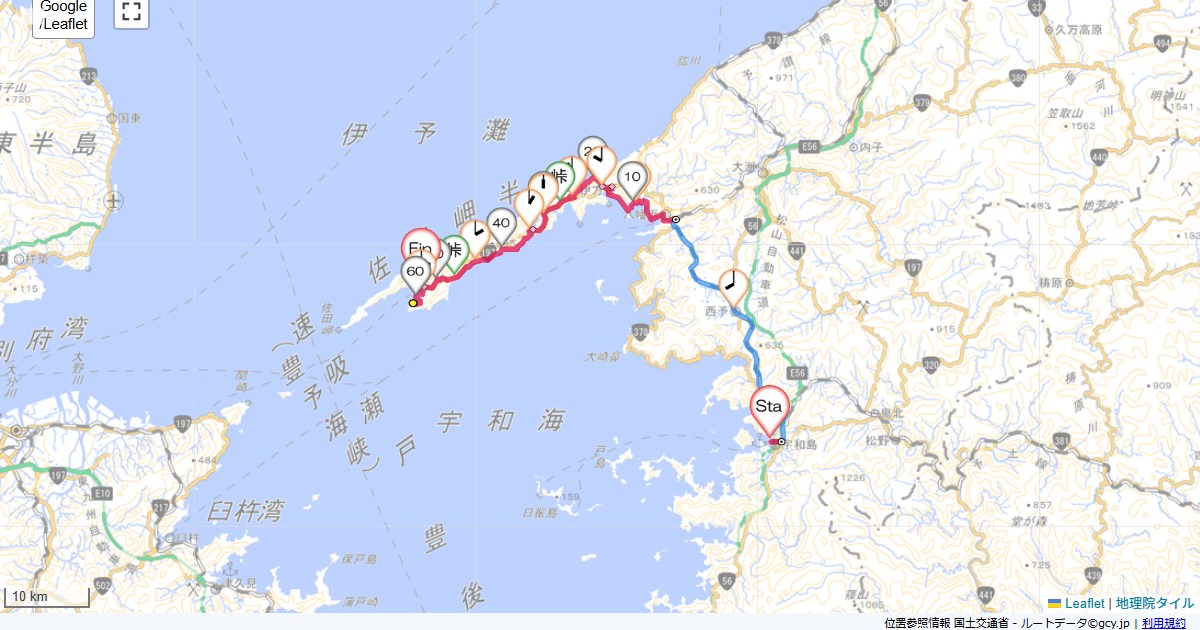 四国九州5日目CORAL宇和島,えびすや旅館,サイクリング,地図,記録,自転車