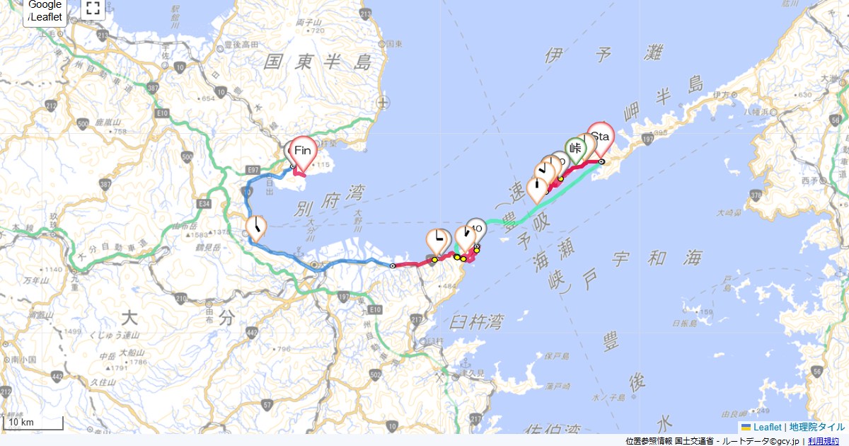 四国九州6日目えびすや旅館,ウェルサンピア日出,サイクリング,地図,記録,自転車