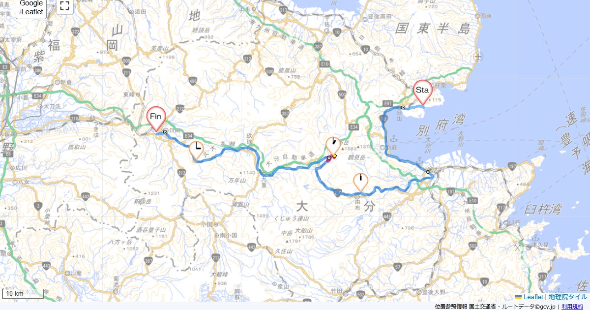 四国九州7日目日出町大神,日田市庄手,サイクリング,地図,記録,自転車
