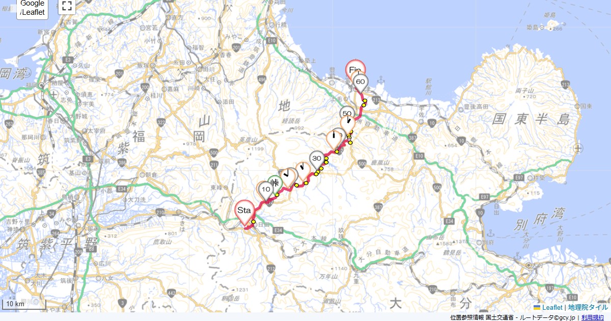 四国九州8日目かんぽの宿日田,中津駅,サイクリング,地図,記録,自転車