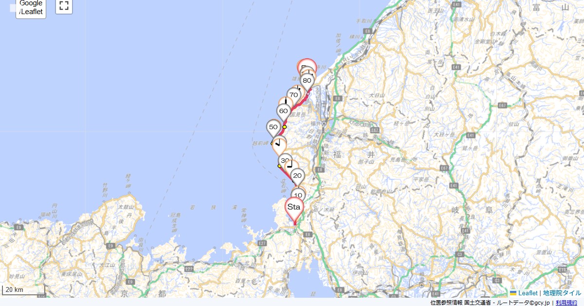 福井3日目ビジネスホテル高木,民宿ニュー越前,サイクリング,地図,記録,自転車