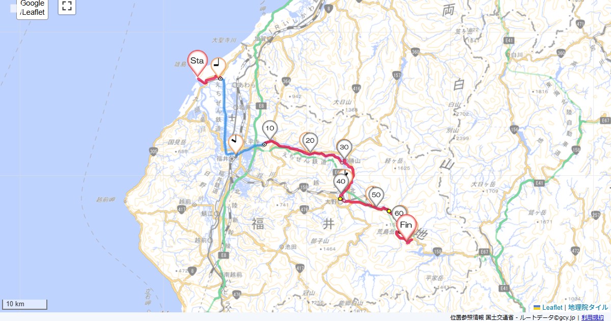福井4日目民宿ニュー越前,国民宿舎パークホテル九頭竜,サイクリング,地図,記録,自転車