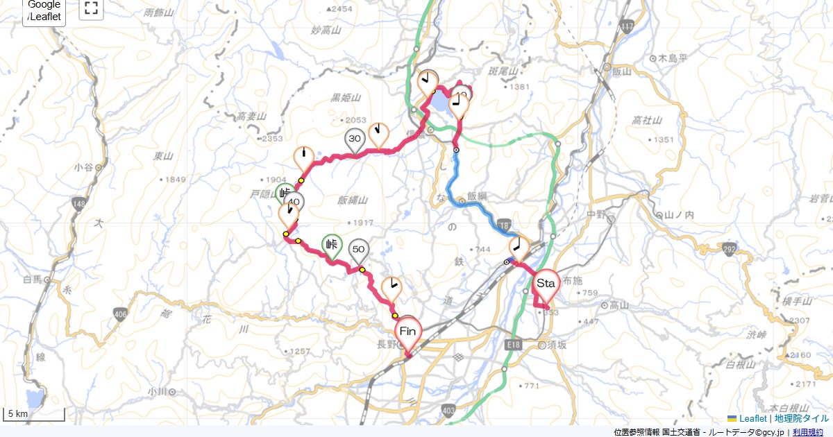 野尻湖・戸隠高原・七曲須坂市旭が丘,長野駅,サイクリング,地図,記録,自転車