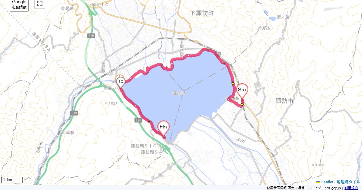 諏訪湖1周弱上諏訪駅,民宿みなと,サイクリング,地図,記録,自転車