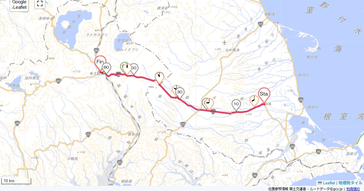 09道東6日目マグハウス,ホテル摩周,サイクリング,地図,記録,自転車