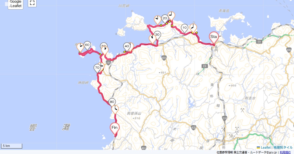 山口3日目長門グランドパレス,みどり屋,サイクリング,地図,記録,自転車